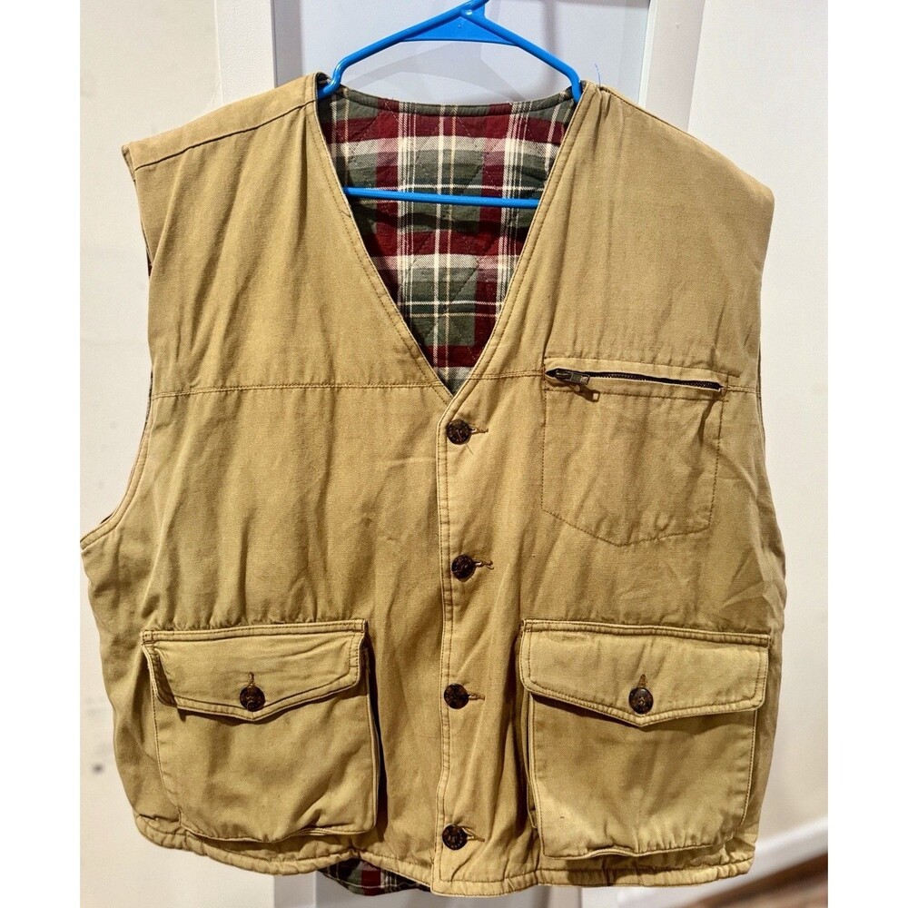 Vintage Max Wear Canvas Hunting Vest Tan Plaid Flannel Lined Snap Front Men’s